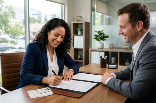 DriveWise lending specialist reviewing a car loan application with a client in a bright modern office